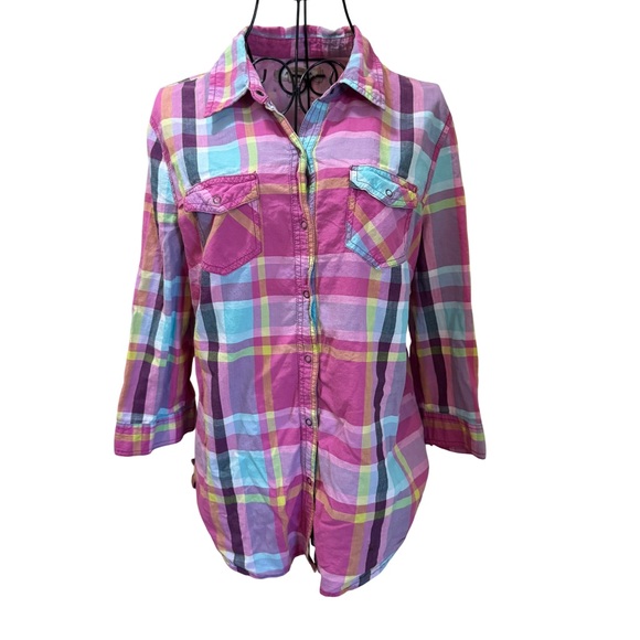 ARIZONA WOMEN'S SIZE XL PINK PLAID BUTTON DOWN SHIRT THREE QUARTER SLEEVES SNAPS - Picture 1 of 13